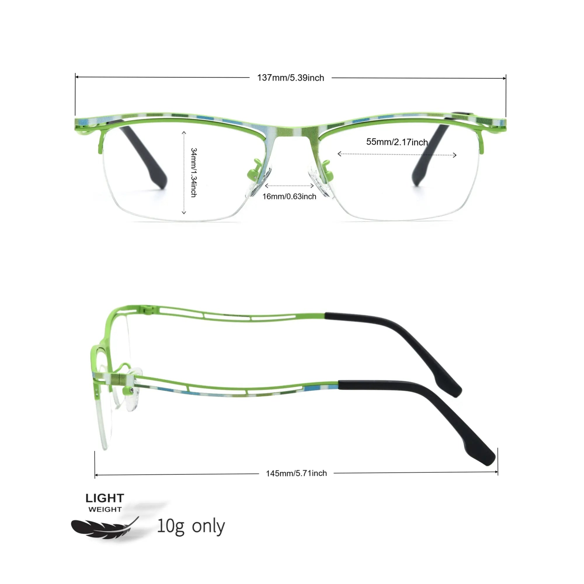 VoyueLens™ Lime Stripe titanium semi-rim eyeglasses size guide